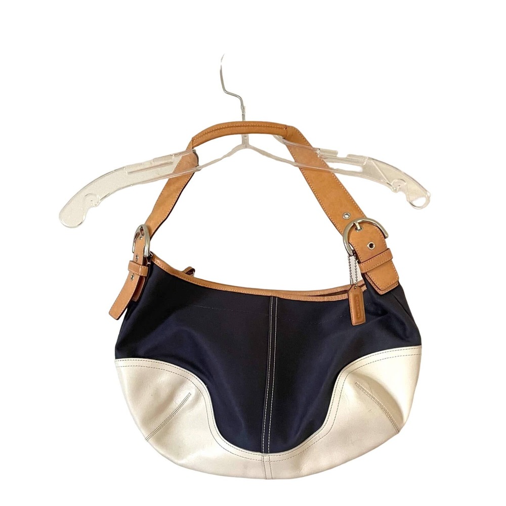 Coach Canvas Leather Shoulder Bag Navy Blue Cream Tan